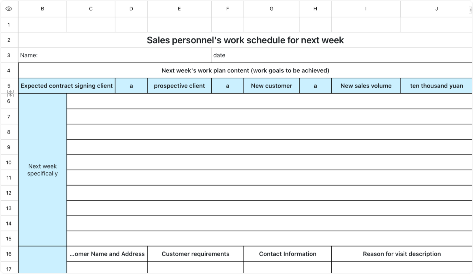 Sales personnel's work schedule for next week